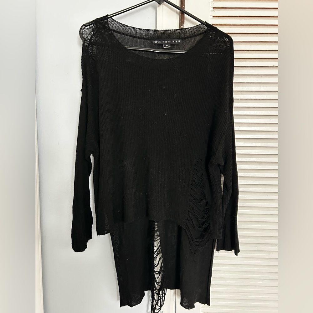 HYFVE Black Ribbed Distressed High Low Hem Sweater M